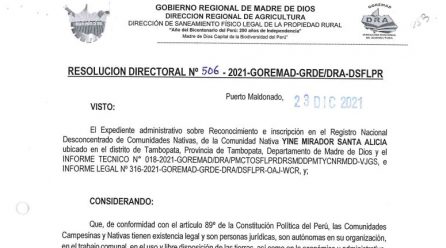RESOLUCION DIRECTORAL N°506-2021-GOREMAD-GRDE/DRA-DSFLPR