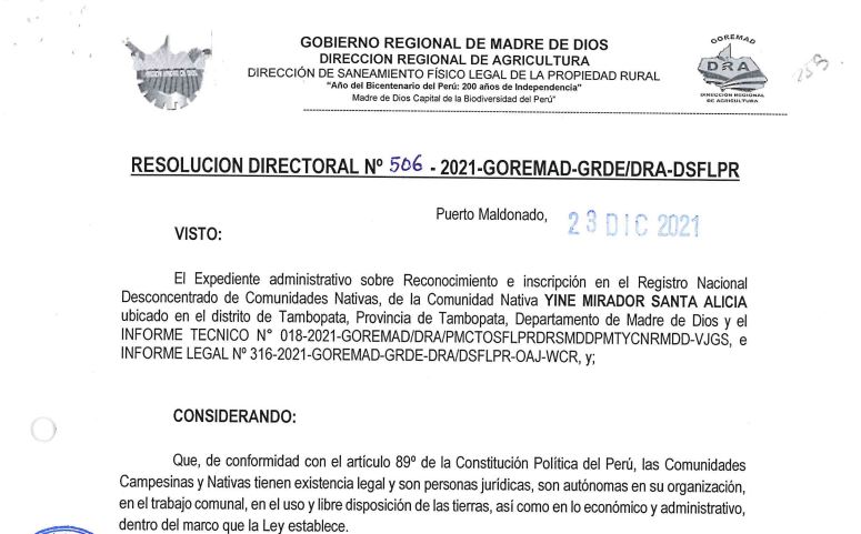 RESOLUCION DIRECTORAL N°506-2021-GOREMAD-GRDE/DRA-DSFLPR