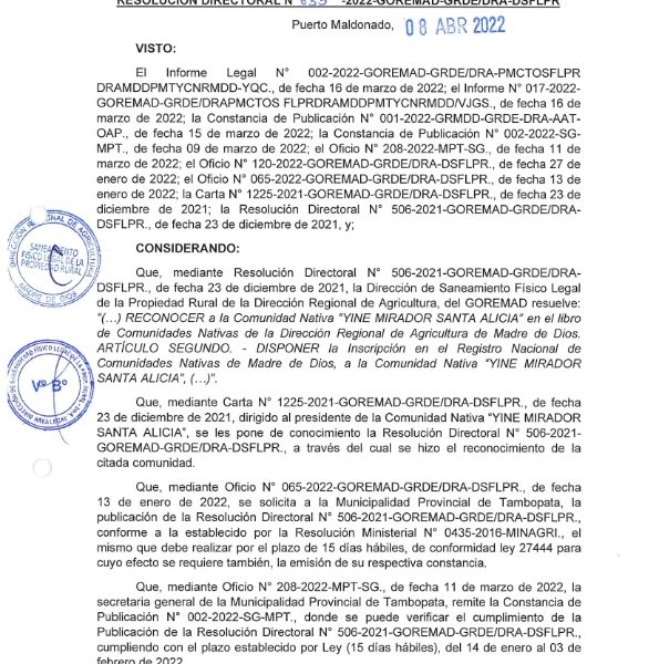 RESOLUCION  DIRECTORAL 033- SANTA ALISIA