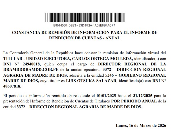 CONSTANCIA DE REMISIÓN DE INFORMACIÓN PARA EL INFORME DE RENDICION DE CUENTAS – ANUAL